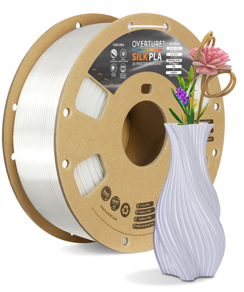 OVERTURE Silk PLA Filament 1.75mm, Clog-Free Shiny, Metallic Shine 3D Printer Filament, 1kg Spool (2.2lbs), Ideal for Cosplay Jewelry & Home Decor (Silk White) - Image 1